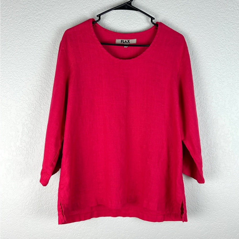 FLAX 100% Linen Pink Top Size Small Scoop Neck Side Slits 3/4 Sleeve NWOT